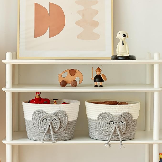 Adorable Small Elephant Cotton Rope Basket - Gift Empty Baskets - Toy Storage Basket, Woven Basket for Baby Essentials, Decorative Woven Basket for Nurseries and Playrooms (11"x7")-Ruum Studio Home