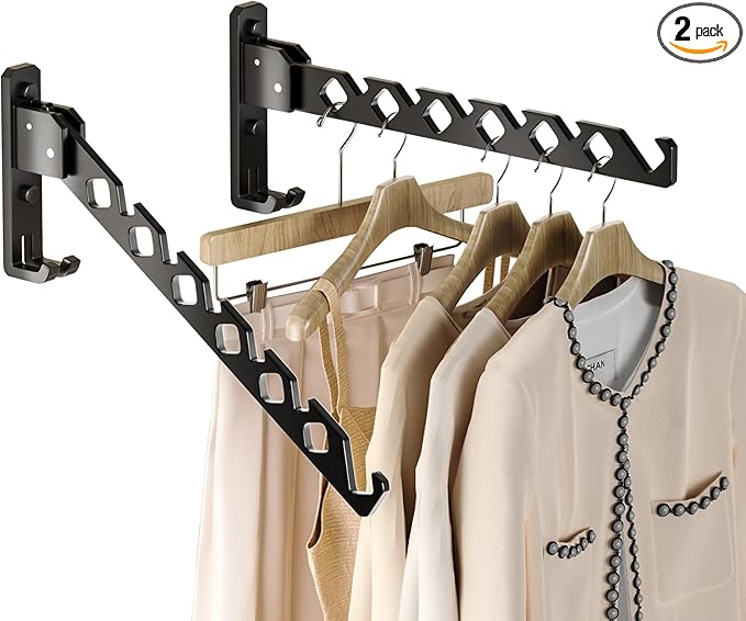 Dr.DJ Wall Mount Coat Hanger Holder Black Clothes Drying Organizer Rack Garment Hooks Aluminium Retractable Folding Indoor Wall Mounted Hanger Space Saver for Laundry Room Bedroom Black 2Pack-Ruum Studio Home