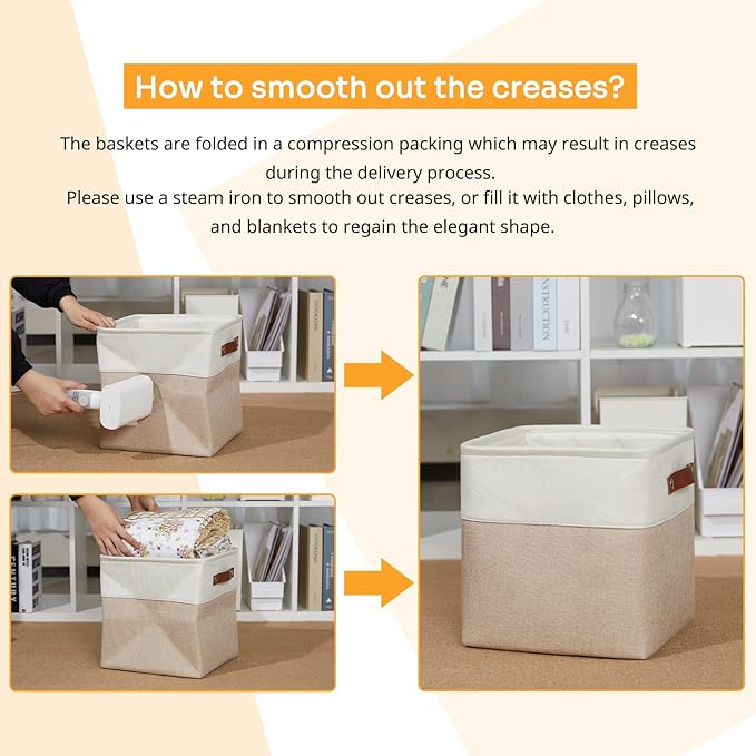 DULLEMELO 11 inch Cube Storage Bins, Large Collapsible Grey Storage Baskets for Square Cubes Organizing, Fabric Boxes Bins for Shelves Nursery Home Office Storage(4 Pack - 11" White&Khaki)-Ruum Studio Home