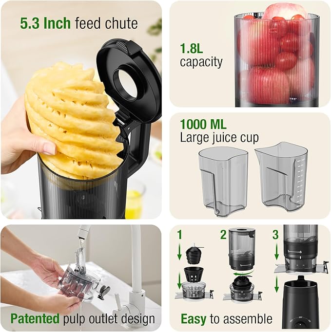 Juicer Machines, TUUMIIST Cold Press Juicer with 5.3" Extra Large Feed Chute Fit Whole Fruits & Vegetables Easy to Clean, High Juice Yield, BPA Free (Black)-Ruum Studio Home