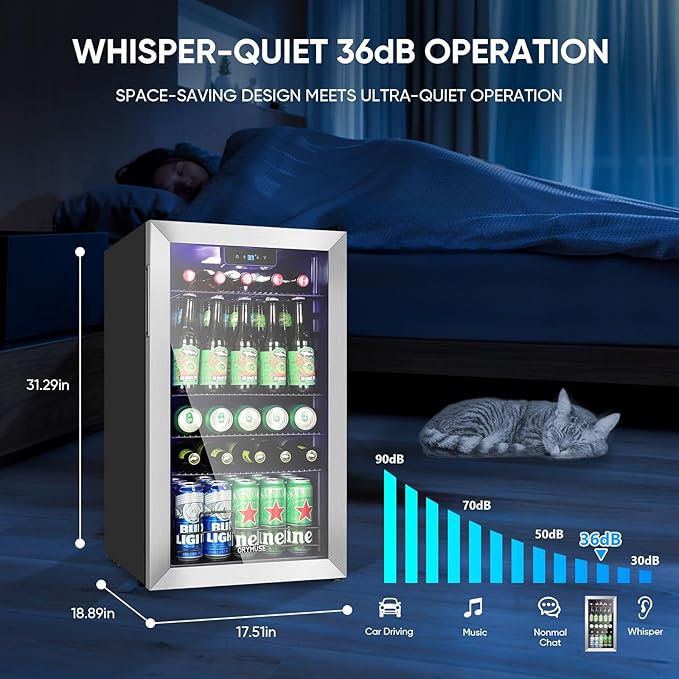 120 Can Beverage Refrigerator – Mini Fridge with Glass Door for Soda Beer or Wine, Beverage Cooler for Bedroom, Office, Bar with Adjustable Shelves & Digital Temperature Display, Silver-Ruum Studio Home