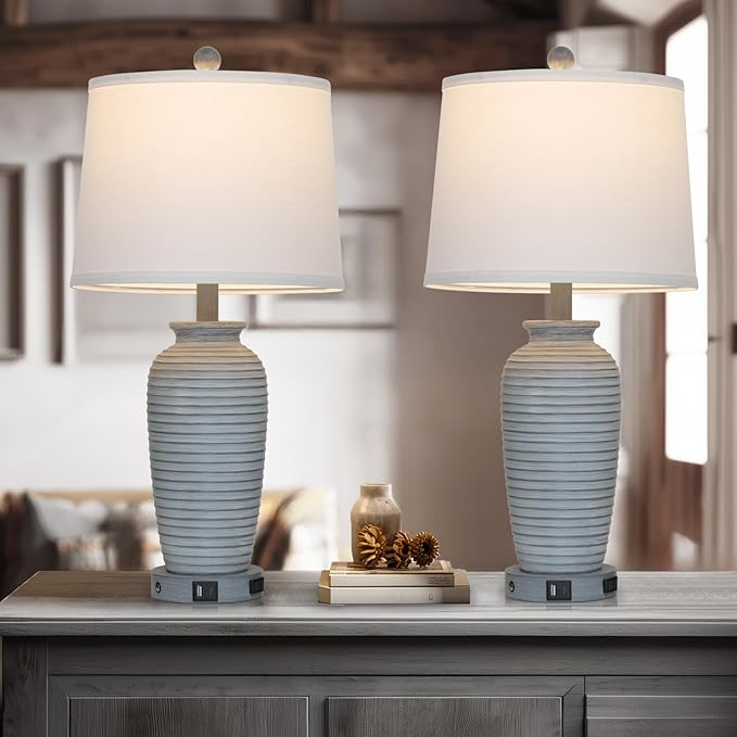 25" Farmhouse Jar Table Lamp Set of 2 Vintage Rustic Lamps for Living Room, Resin Bedside Nightstand Lamps with Linen Lampshades, Retro Pot Lamp for Living Room, Bedroom(LED Bulbs Included)-Ruum Studio Home