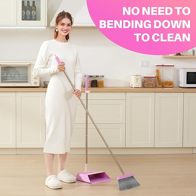 JOYMOOP Pink Broom and Dustpan Set, Upright Angle with Built-in Comb Teeth for Kitchen, Lobby, Pet Hair and Hard Floors-Ruum Studio Home