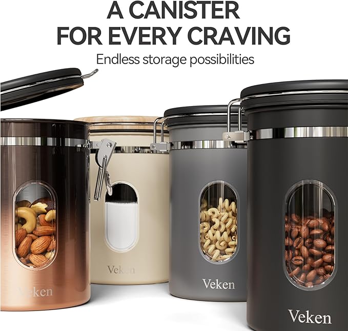 Veken Coffee Canister with Window,Airtight Stainless Steel Container,Home Kitchen Food Storage Organizers for Grounds,Beans,Espresso,Rice,Tea,Sugar,Flour, Cereal,Scoop,Bar Accessories,Gifts,22OZ,Black-Ruum Studio Home