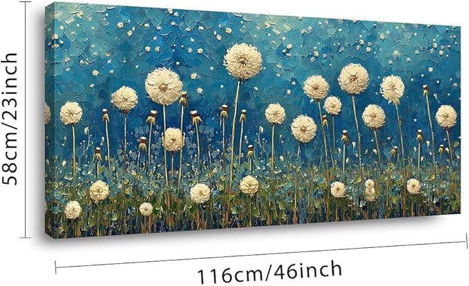 LASMOND Teal Dandelion Wall Art for Living Room Abstract Blowball Canvas Painting Prints Large Flower Floral Grassland Bedroom Decoration Modern Artwork Decor (46x23 Inches)-Ruum Studio Home