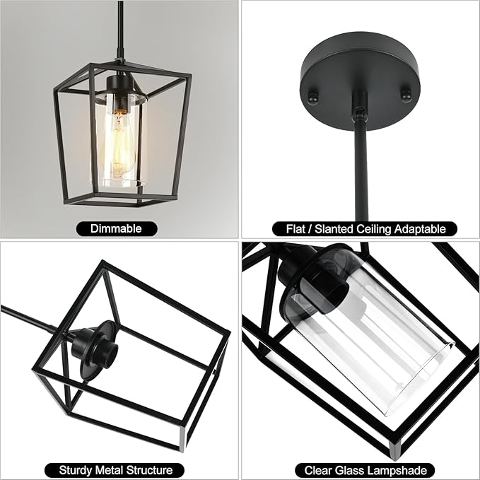 3 Pack Black Pendant Lights for Kitchen Island, 1-Light Farmhouse Metal Pendant Light Cage Kitchen Hanging Light Fixtures with Clear Glass Shade for Dining Room, Entryway, Hallway, Foyer-Ruum Studio Home