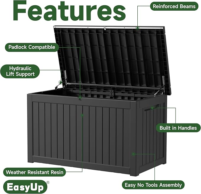 260 Gallon Outdoor Storage Box Waterproof, UV Resistant Resin Deck Box with Hydraulic Rod, Lockable Design and Enhanced Durability for Patio, Garden, and Poolside Use-Ruum Studio Home