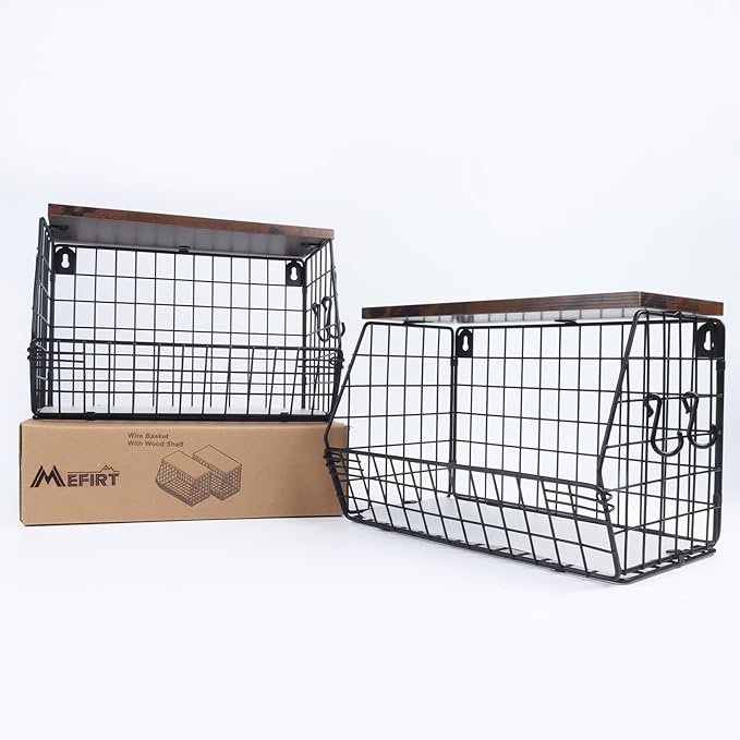 2pcs Fruit Basket Kitchen Storage Basket with Wood Lid, Stackable Wall Basket Fruit Basket for Kitchen, Countertop Organizer for Snack, Fruit and Veggie Storage, 11.8 x 7.9 x 8.5 Inch-Ruum Studio Home