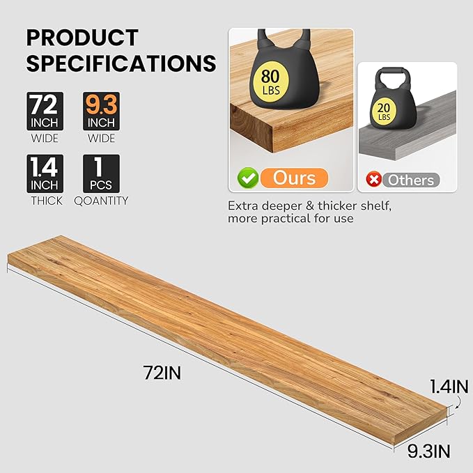 Fun Memories Floating Shelves for Wall, 72"x9.3" Rustic Solid Elm Wood Shelves, Heavy-Duty Wall Mounted Shelves with Invisible Brackets for Living Room, Bedroom, Kitchen, Natural Finish-Ruum Studio Home