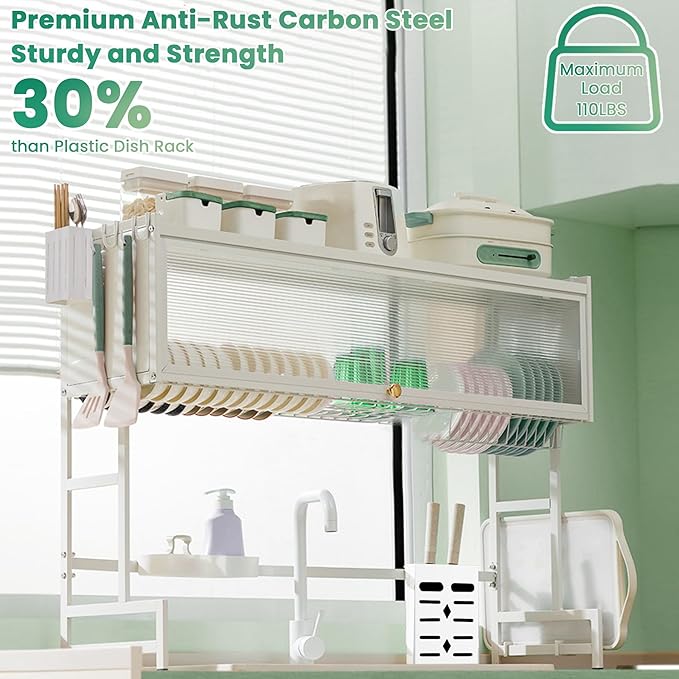 Dish Drying Rack, 3-Tier Over Sink Dish Drying Rack, 33.5" Sink Dish Rack for Small Kitchen, Space-Saving Sink Dish Rack with Cover, Baskets, Utensil, Large Kitchen Storage Organizer White-Ruum Studio Home