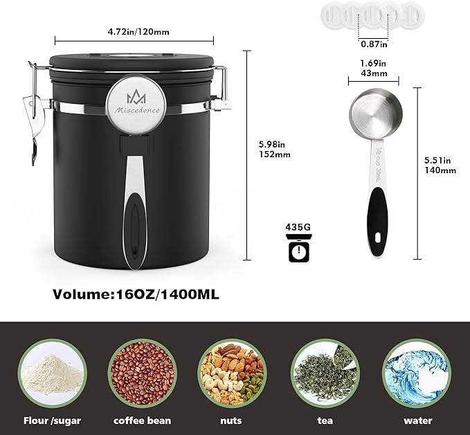 Coffee canister for ground coffee with Scoop Date Tracker One Way Co2 Valve 304 Stainless Steel Kitchen Food Airtight storage container for Coffee Beans,Grounds,Tea,Sugar (Black, 16oz)-Ruum Studio Home