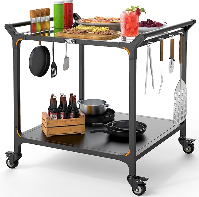 NUUK Grill Cart for Outdoor 32" x 32" Stainless Steel Pizza Oven Table with Double-Shelf Rolling BBQ Kitchen Food Prep Cart for Garden Patio-Ruum Studio Home
