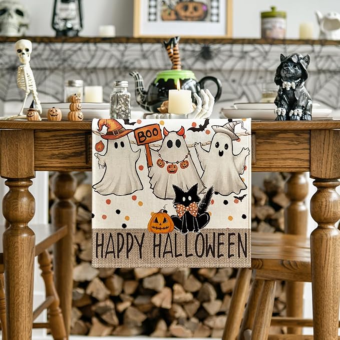 Artoid Mode Beige Ghost Jack-O'-Lantern Black Cat Halloween Table Runner,Holiday Kitchen Dining Table Decoration for Home Party Decor 13 x 36 Inch-Ruum Studio Home