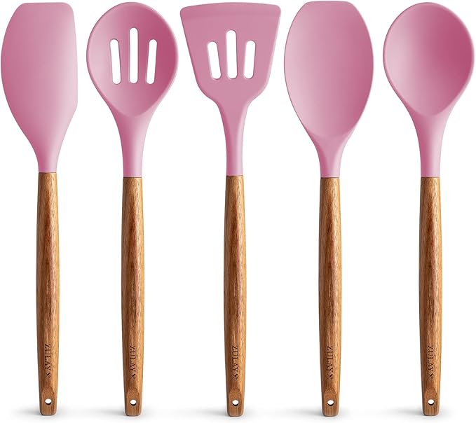 Zulay Kitchen Non-Stick Cooking Utensils Set with Authentic Acacia Wood Handles – 5-Piece Durable & Stylish Silicone Kitchen Utensils Set – Heat Resistant to 464°F – Pink-Ruum Studio Home