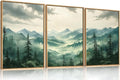 Green Foggy Mountain Framed Canvas Wall Art Set, Misty Forest Wall Decor, Watercolor Pine Tree Wall Painting, Large Nature Landscape Art Print for Living Room, Bedroom, Office - 16"X24"X3-Ruum Studio Home