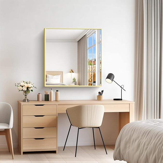 Gold Bathroom Mirror for Wall, 30x30 Inch Rectangle Mirrors with Metal Frame, Modern Vanity Wall Mirror Decor for Bathroom Living Room, Entryway Hangs Horizontal or Vertical-Ruum Studio Home