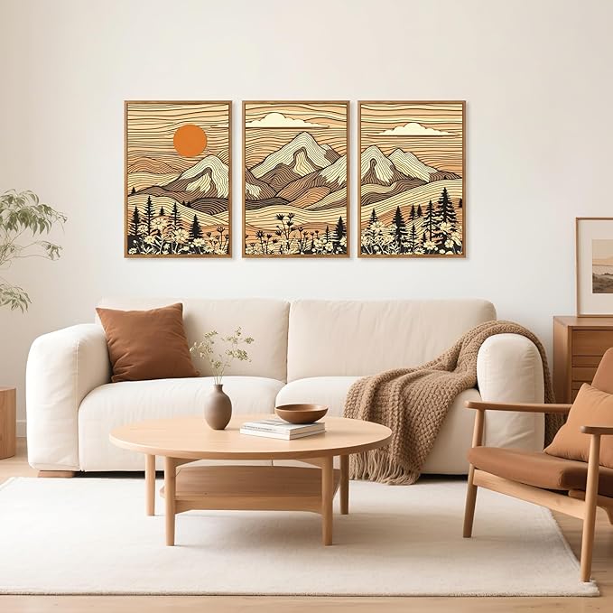 HPNIUB Mountain Framed Canvas Wall Art, Vintage Pine Tree Wall Decor, Country Wilderness Forest Wildflower Painting, Modern Nature Sun Art Prints for Living Room,Bedroom,Farmhouse- 16"x24"x3-Ruum Studio Home