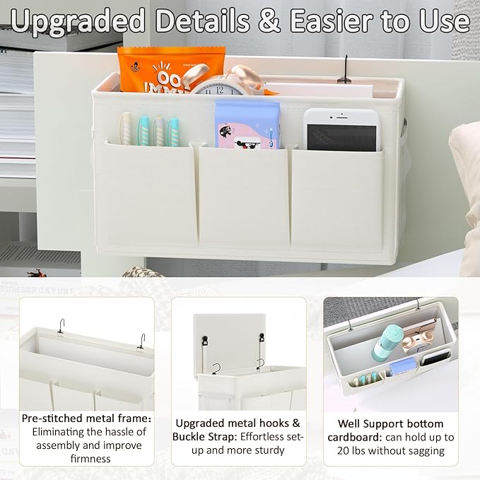 Dual-purpose Bedside Caddy Bedside Organizer, Bed Caddy with 6 Pockets, Versatile Bedside Storage Solution Magazine Remotes holder, ideal for Home, Dorm, Hospital, Crib Bed (White 2pcs)-Ruum Studio Home