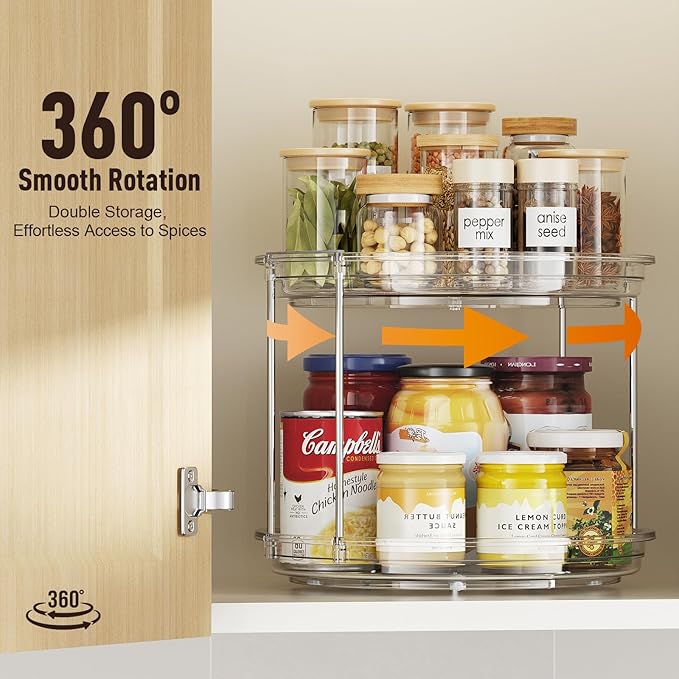 2 Pack 2 Tier Lazy Susan Organizer, 9.25'' Lazy Susan Turntable for Cabinet, Stackable Turntable Organizer Rotating Spice Rack Organization for Kitchen Countertop, Pantry, Bathroom, Clear-Ruum Studio Home