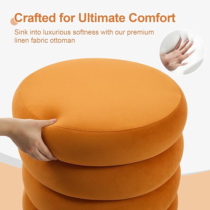 ONEVOG Round Storage Ottoman, 20" Small Ottomans Table with Removable Lid, Velvet Fabric Soft Footrest Stools for Couch, Upholstered Stuffed Circle Seat for Living Room/Bedroom/Dorm/Vanity, Orange-Ruum Studio Home