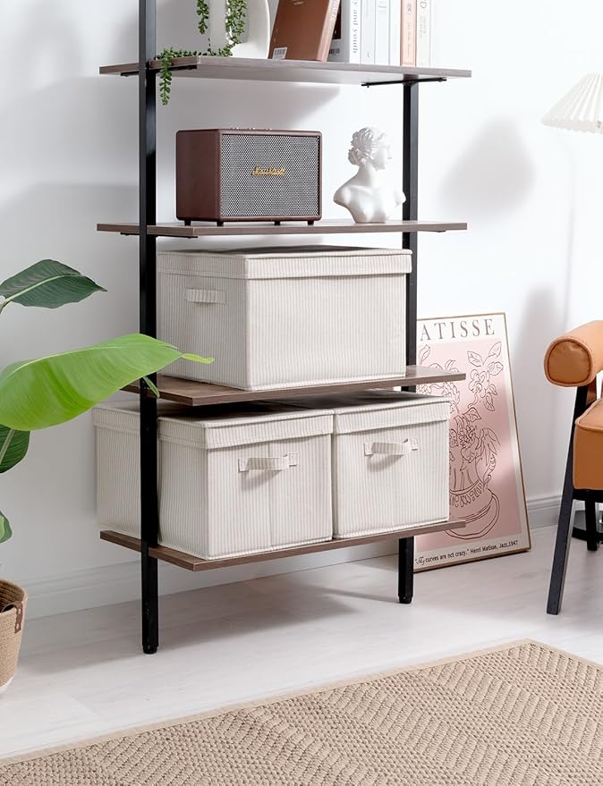 StorageWorks Storage Bins with Lids, Decorative Storage Boxes with Lid and Handles, Foldable Storage Baskets for Closet, Shelves, Stackable, Khaki Stripe, Jumbo, 3-Pack-Ruum Studio Home