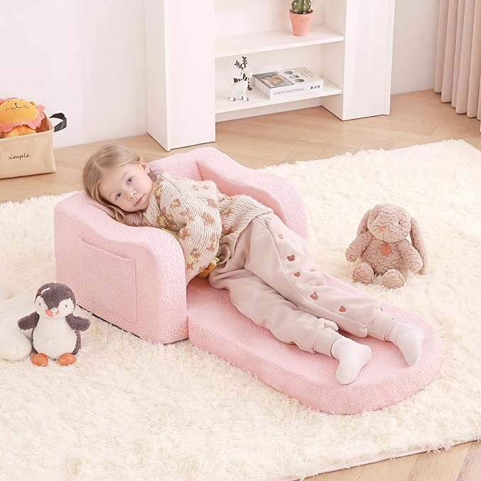 Welnow 2-in-1 Kids Sofa Chair, Convertible Toddler Chair Flip Out Children Sofa Chair with Wave Armrests Folding Kids Play Sofa with Side Pockets & Removable Cover Armchair for Girl or Boy-Ruum Studio Home