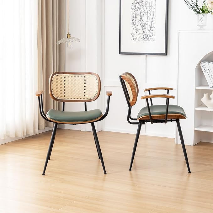 Rattan Dining Room Chairs Set of 2,Mid Century Modern Kitchen Side Chairs,Metal Legs Desk Chair,Faux Leather Accent Chair with Arms and Rattan Backrest Green PU-Ruum Studio Home