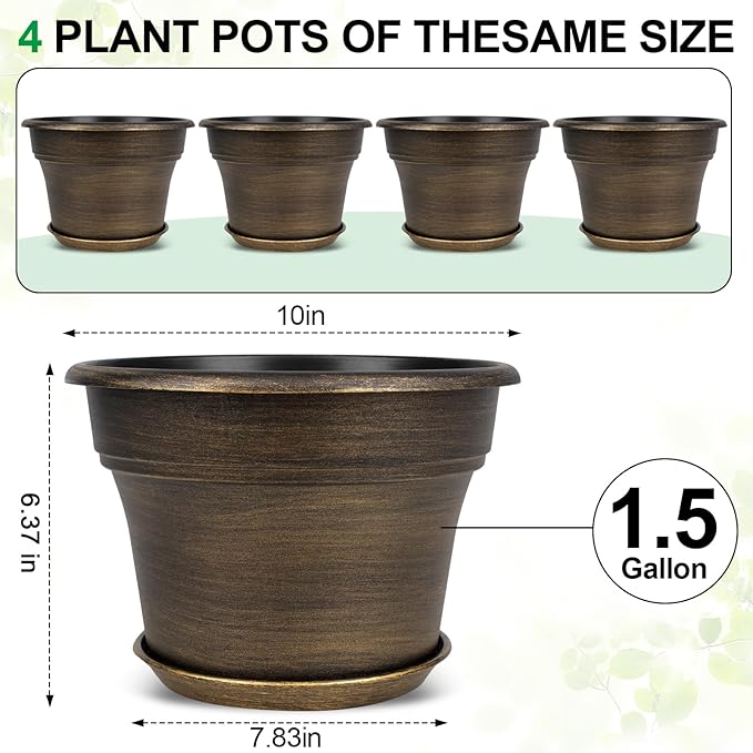 Plant Planters Pots Set of 4 Pack 10 Inch, Plastic Flower Pot for Indoor Plants with Drainage Holes & Trays, Resin Decorative Container Sets with Saucer for House Outdoor Garden Planters Dark Gold-Ruum Studio Home