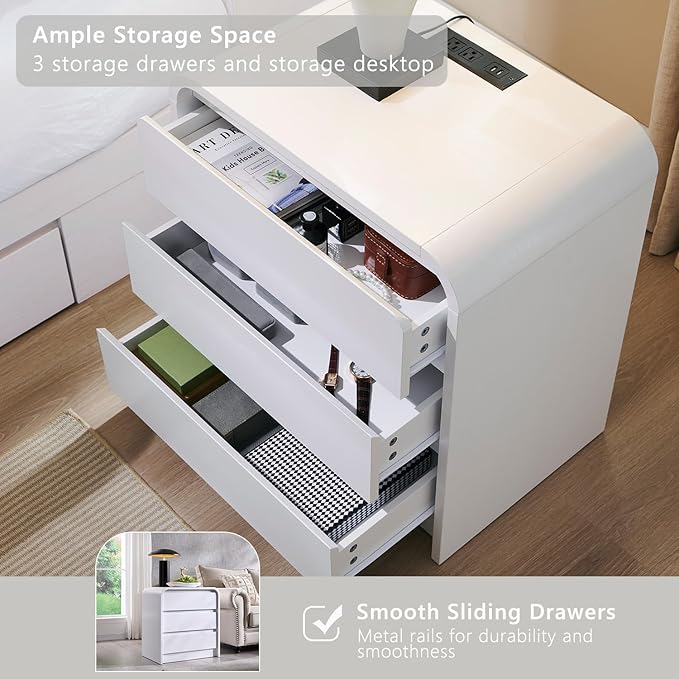 25" Tall Modern Nightstand with Charging Station, 23.6'' Wide Wood Bedside Table w/3 Storage Drawers, Small Dresser w/Curved Profile Design, End Table for Bedroom, White-Ruum Studio Home