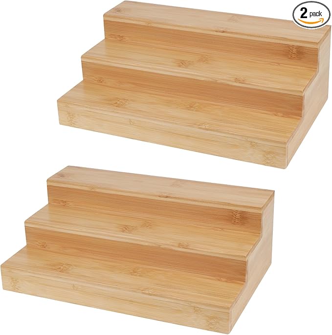 2 Pack Bamboo Spice Rack Organizer for Countertop, 3 Tier Spice Step Shelf for Cabinet (Jars Not Included)-Ruum Studio Home