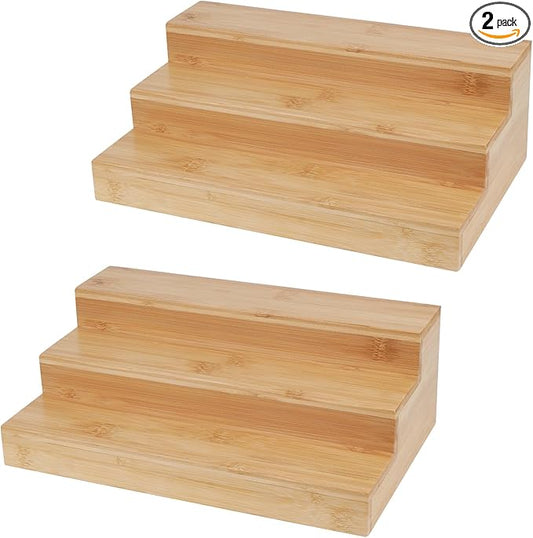 2 Pack Bamboo Spice Rack Organizer for Countertop, 3 Tier Spice Step Shelf for Cabinet (Jars Not Included)-Ruum Studio Home