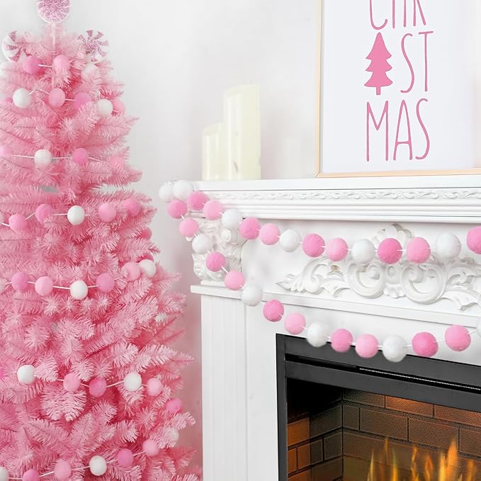 TBD Decor 2pk Pink Pom Pom Garland 13FT 4cm Large Felt Ball Garland Shower Decorationsfor Mantle,Indoor Holiday Wedding Birthday Gender Reveal Party Supplies