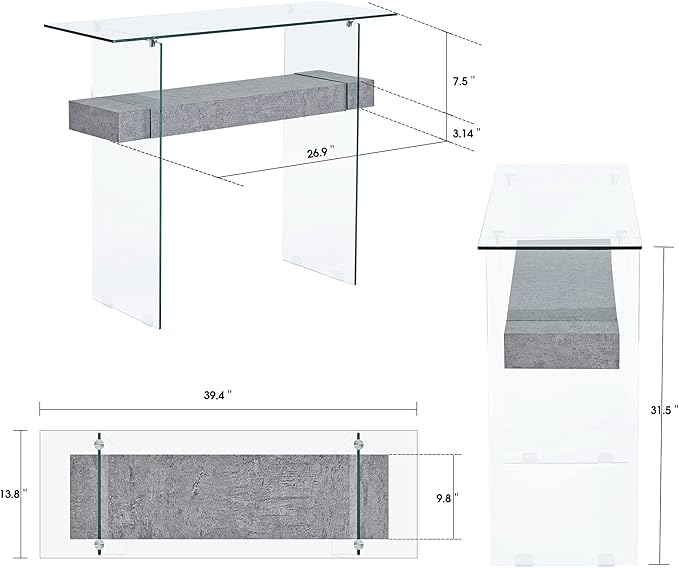 ivinta Glass Console Table with Storage, 39.4" Modern Entryway Table for Living Room, Foyer, Hallway, Bedroom 5101 (Gray)-Ruum Studio Home