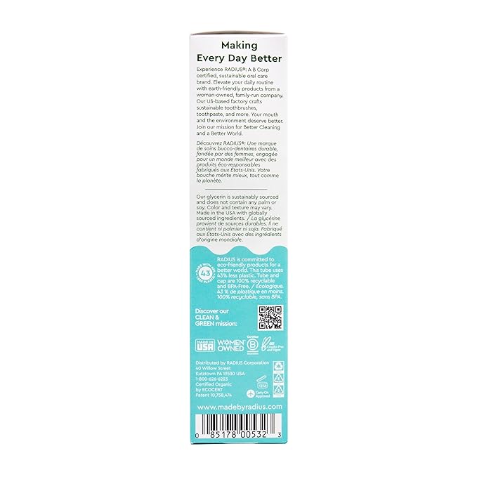 RADIUS Toothpaste, Mint Aloe Neem, 3 oz, USDA Organic Non-Toxic Chemical-Free Gluten-Free, Designed to Improve Gum Health & Prevent Cavities, Pack of 1-Ruum Studio Home