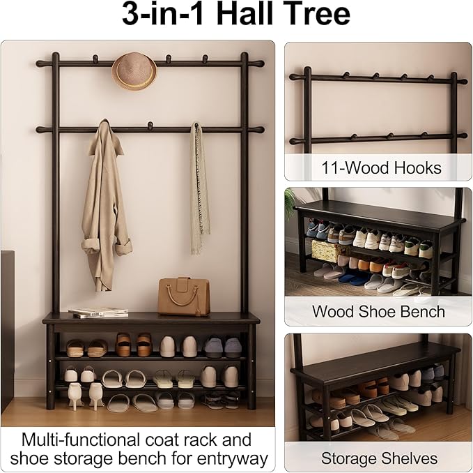 Coat Rack with Shoe Storage, Wooden Hall Tree with Bench, 11 Hooks and 2-Tier Storage Shelves, 3-in-1, Entryway Bench with Coat Rack (39.3"-Black)-Ruum Studio Home