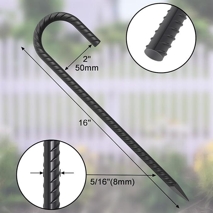 16 Inch Ground Rebar Stakes Heavy Duty J Hook Ground Anchors 40 Pack, Tent Stakes with Chisel Point End, Chain Link Fence Spikes for Bounce House, Gazebos and Outdoor Decorations Inflatables-Ruum Studio Home