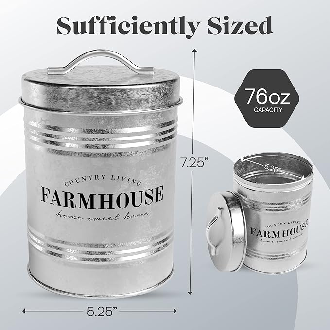 Amici Home Farmhouse Galvanized Canister | Dry Food Storage Container | Airtight Lid | 76 Oz Capacity | Farmhouse Décor | Rustic Metal Canister for Kitchen Countertop-Ruum Studio Home