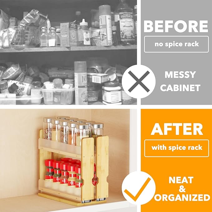 SpaceAid Bamboo Pull Out Spice Rack Organizer for Cabinet, Heavy Duty Slide Out Seasoning Kitchen Pantry Sliding Vertical Organization, 5.1" Wide, 2 Drawers(2" Wide), 2-Tier, Natural-Ruum Studio Home