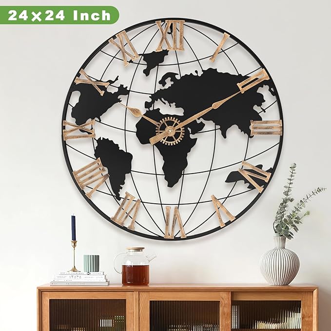 24 Inch Large Wall Clock for Living Room Decor,Big Modern Decorative Silent World Map Metal Wall Clock with Vintage Gold Roman Numeral for Office,Living Room,Kitchen,Dining Room-Ruum Studio Home