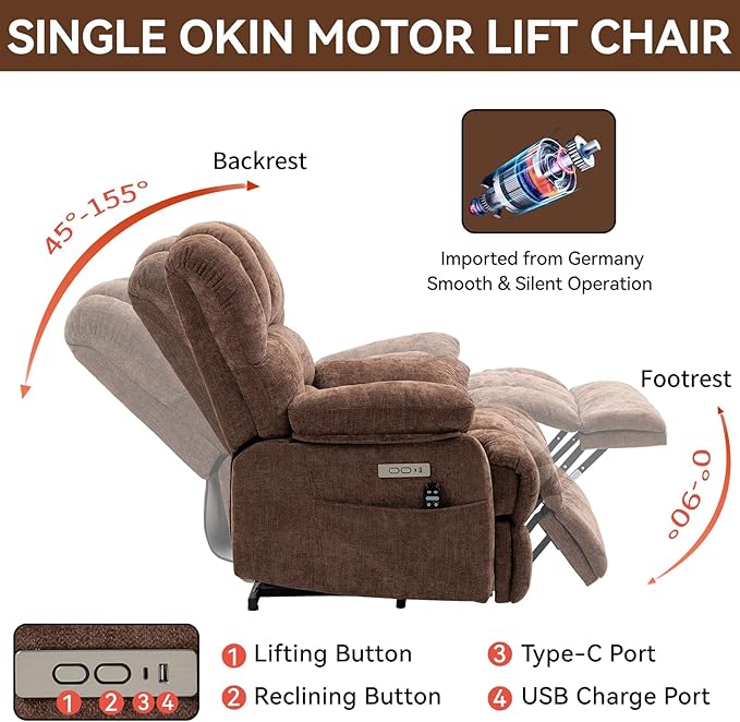 Large Power Lift Recliner Chair with Massage and Heat for Elderly, Ergonomic Backrest, Infinite Adjust, 2 Side Pockets,USB and Type-C Ports, Chenille Brown-Ruum Studio Home