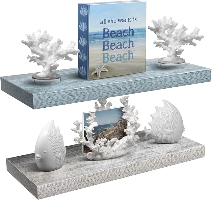 Sorbus Floating Shelf — Hanging Wall Shelves Decoration — Perfect Trophy Display, Photo Frames — Extra Long 24 Inch (Rectangle Shelf Set - Blue White)-Ruum Studio Home