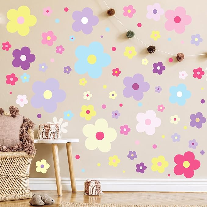 Glow in The Dark Y2k Cute Flowers Wall Decals，Glowing Luminous Colorful Floral Wall Stickers Colorful Removable self-Adhesive Preppy Hippie Stickers for Girls Bedroom-Ruum Studio Home