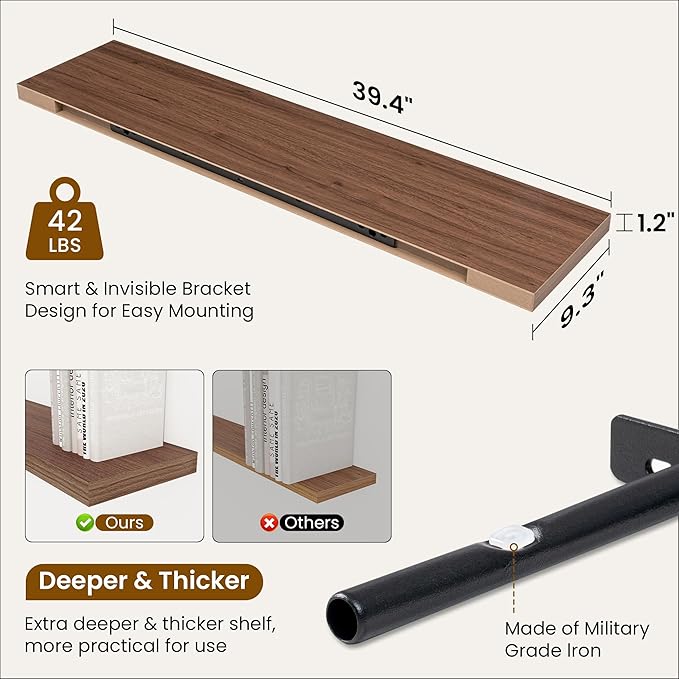 Fun Memories 40" Rustic Wood Floating Shelves with Invisible Brackets for Storage & Decor, Deep Wall Mounted Shelves for Bathroom, Kitchen, Living Room (Walnut, Set of 2)-Ruum Studio Home