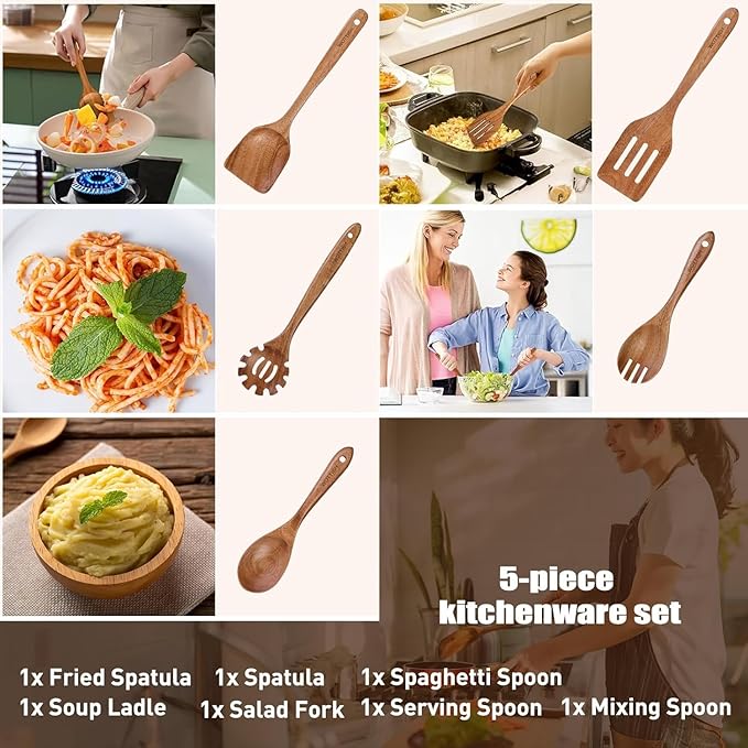 Wooden Spoons for Cooking - 5-Piece Wooden Kitchen Utensil Set made of Natural Solid Wood Material - Includes Salad Spoons, Spaghetti Spoon, Salad Fork, Flat Spatula,Slotted Spatula(A05)-Ruum Studio Home