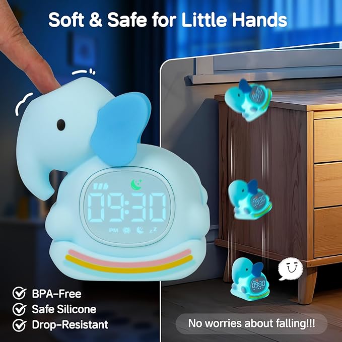 Alarm Clock for Kids with Night Light, Sleep Training Clock Time to Wake Clock, Rechargeable Silicone Light for Bedroom, Perfect Sleep Companion for Boys Girls，Blue Elephant-Ruum Studio Home