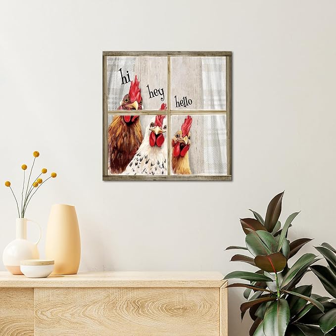 Visual Art Decor Funny Rooster Wall Art Chicken Picture Rustic Farmhouse Front Door Welcome Sign Framed 12x12 inch, Rustic Brown-Ruum Studio Home