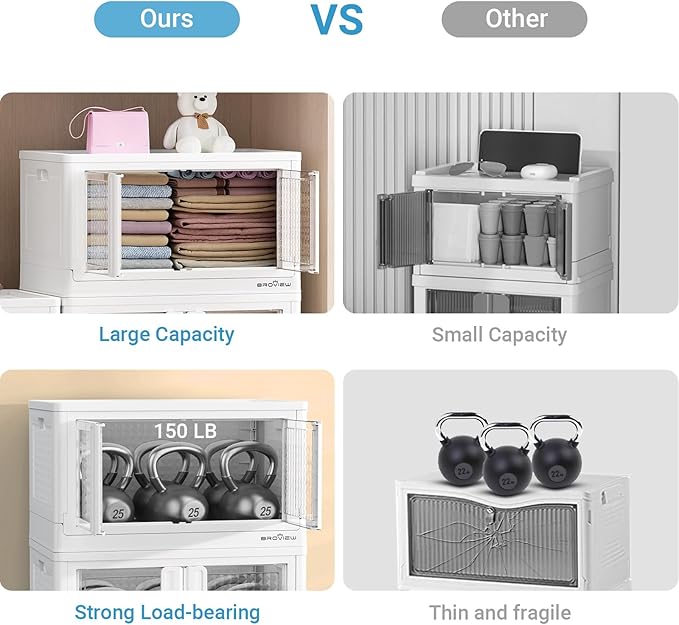 400Qt Stackable Storage Bins with Lids, 100Gal Closet Organizers and Storage Drawer, Plastic Collapsible Storage Bins with Doors, Heavy Duty Store Box Cabinet for Home Kitchen, 4Pack White-Ruum Studio Home