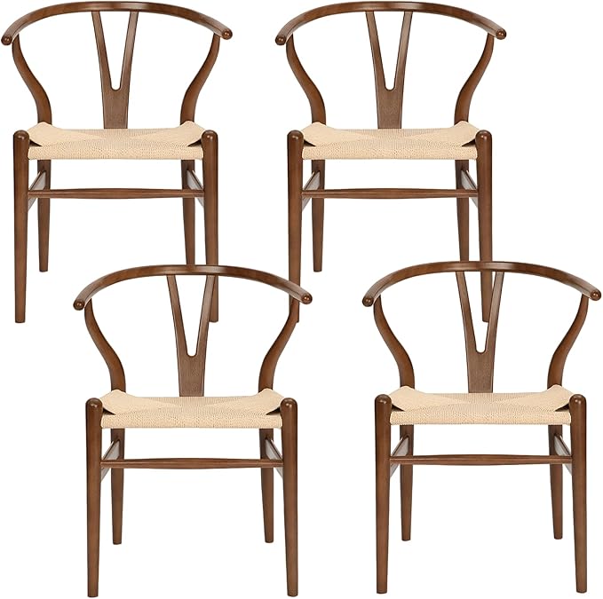 Wishbone Chair Natural Solid Wood Dining Chair/Hans Vegner Y Chair Rattan and Wood Accent Armrest Chairs Set of 4 (Ash Wood - Walnut)-Ruum Studio Home
