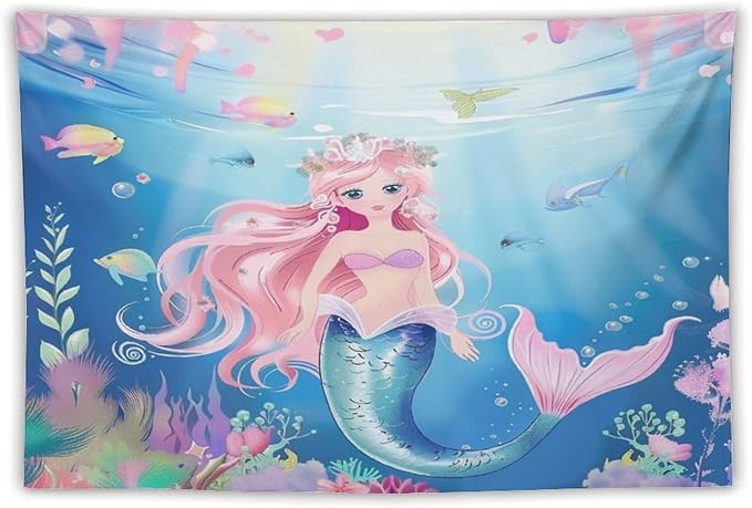 HZOHNAGO Mermaid Girls Tapestry Watercolor Mermaid Princess Pattern Printed Wall Tapestry Wall Hanging for Bedroom Living Room Dorm 60" W x 40" H-Ruum Studio Home