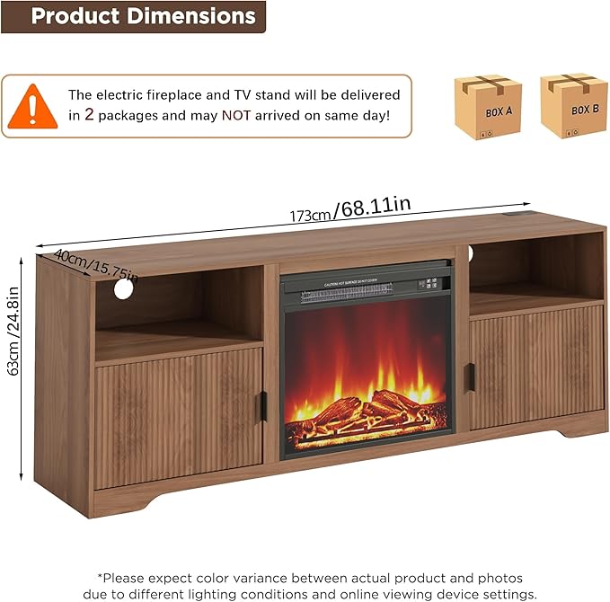 Fireplace TV Stand for Television up to 80 Inch,Entertainment Center with Adjustable Shelf,Mid-Century Modern Fluted TV Stand with 23" Electric Fireplace,Media Console for Living Room,Bedroom-Ruum Studio Home